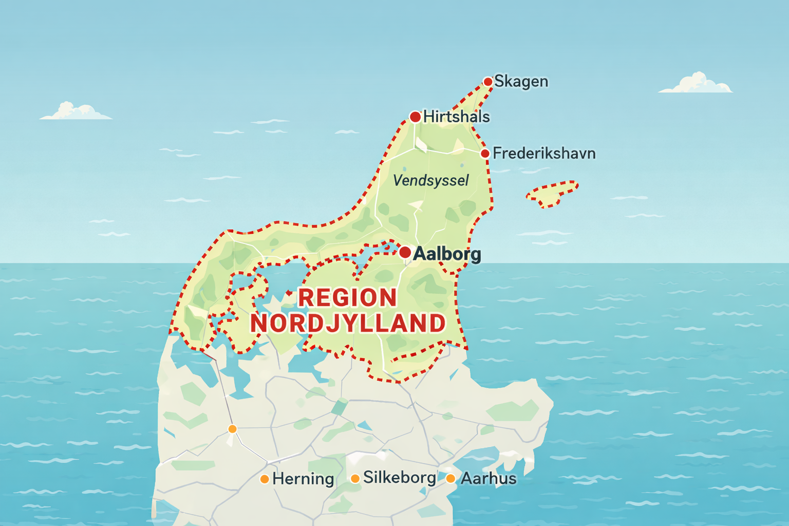 Kort over Nordjylland med Skagen og Aalborg markeret
